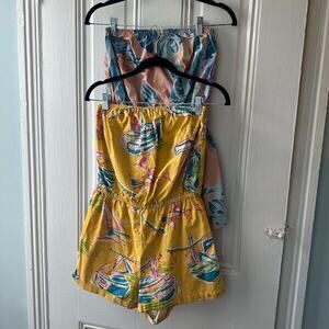 Kimchi Blue Romper Womens Medium Multicolor Palm Sailboat Strapless Set of 2